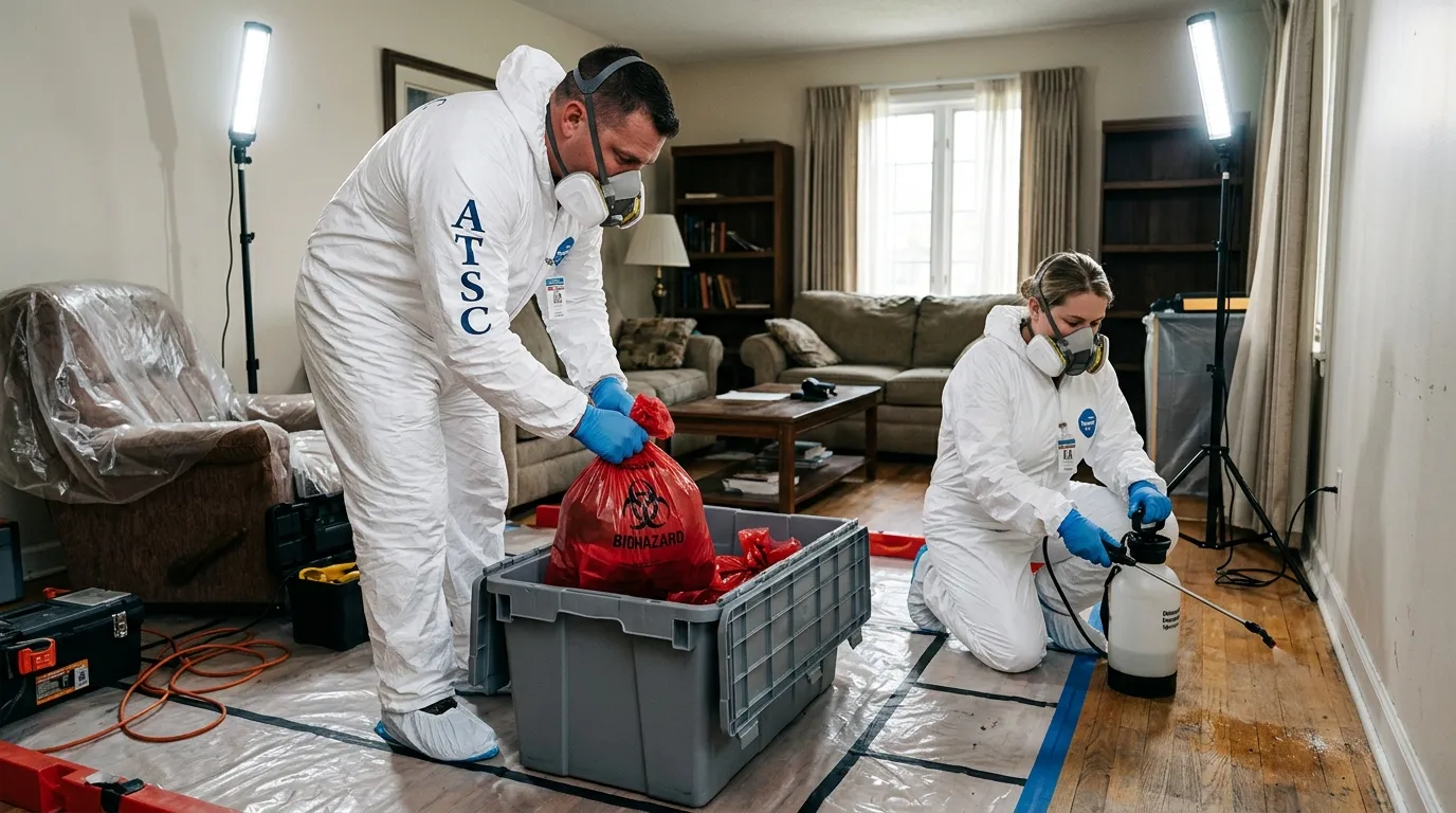 Professional Hazmat Cleanup technician in full PPE working in Cottonwood